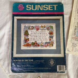 Sunset Counted Cross Stitch Months Of The Year 12x9" 1991 Vintage Opened
